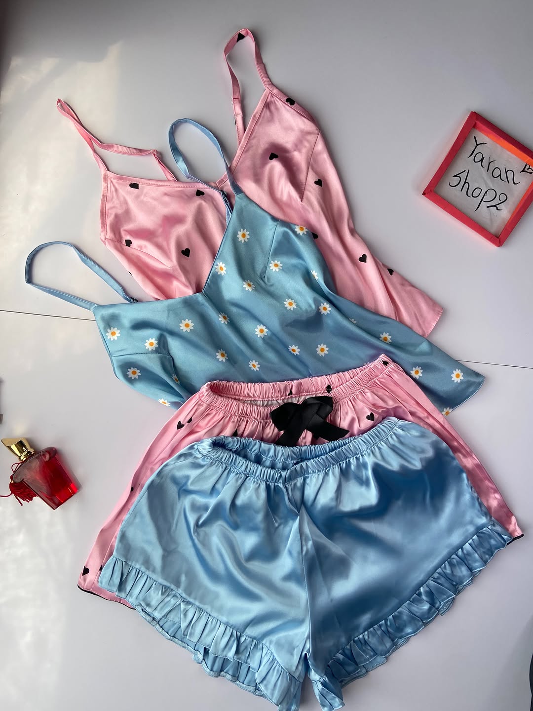 ست ساتن تاپ و شورتک کد 94 / سایز ۱ و ۲